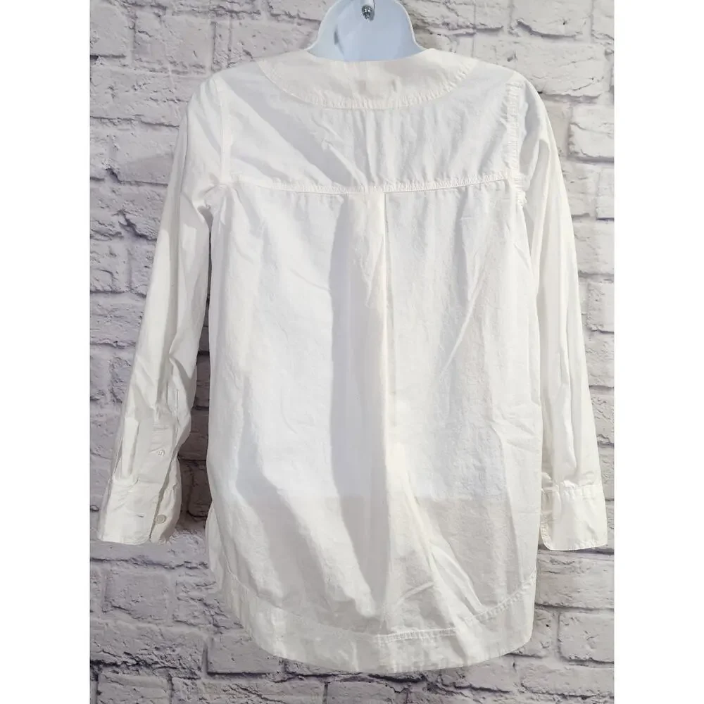 J. Crew White Long Sleeves With Buttons V Neck Top PXS Lightweight Rounded Hem